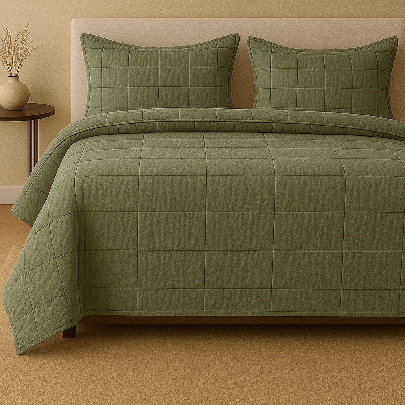 Ann Gish Cotton Canvas Coverlet Set in sage green with grid-stitch quilting, styled on a bed.