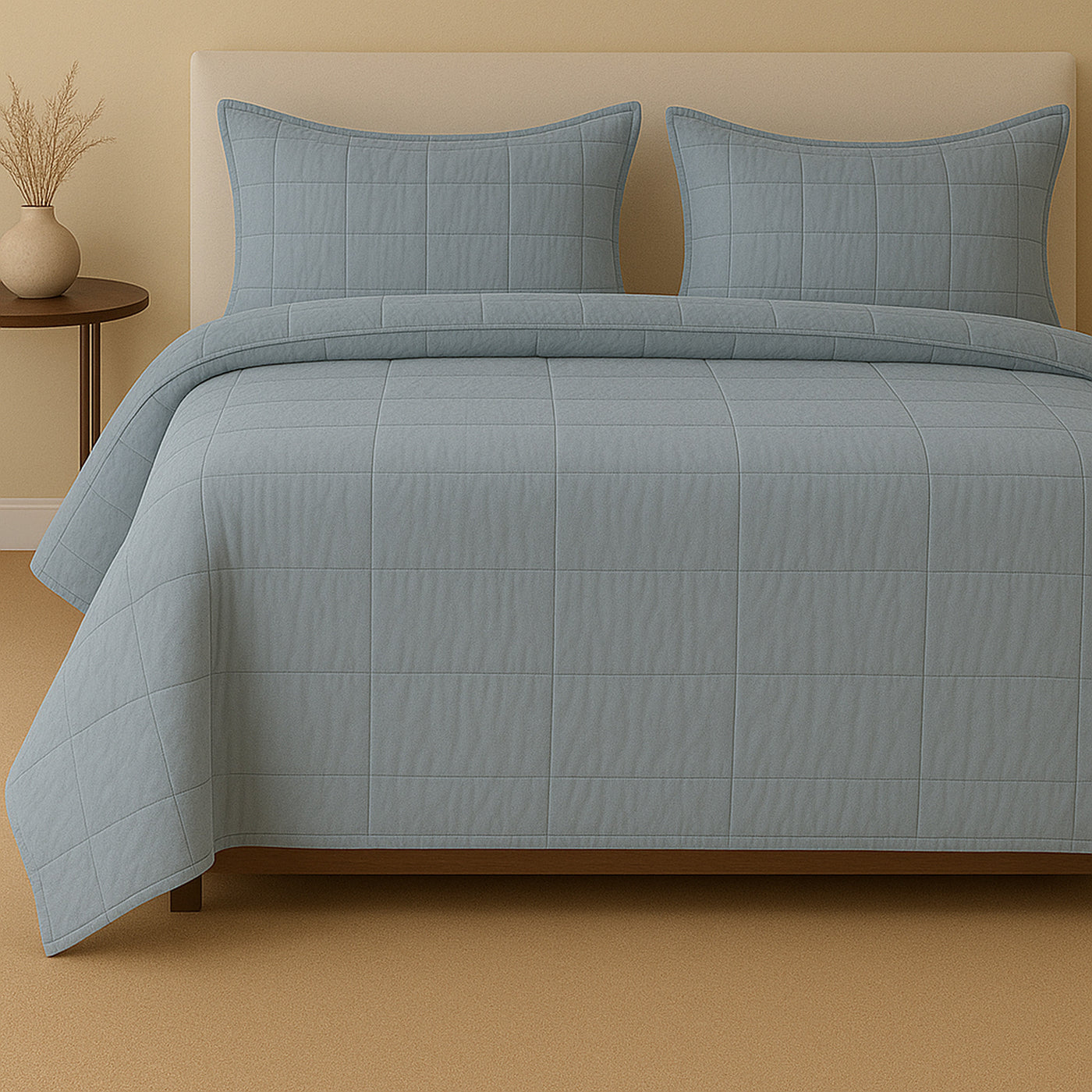 Ann Gish Cotton Canvas Coverlet Set in slate blue, full bed styling with two matching shams.