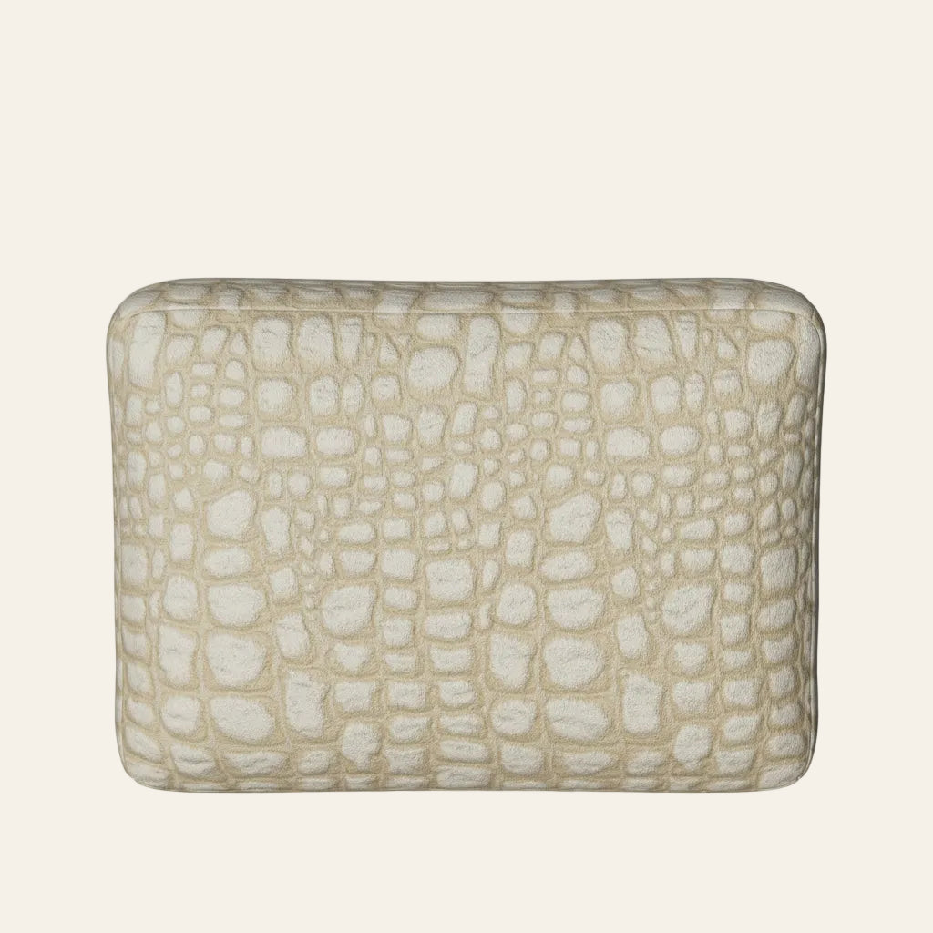 Ann Gish Croc box pillow in ivory and champagne crocodile-embossed fabric.