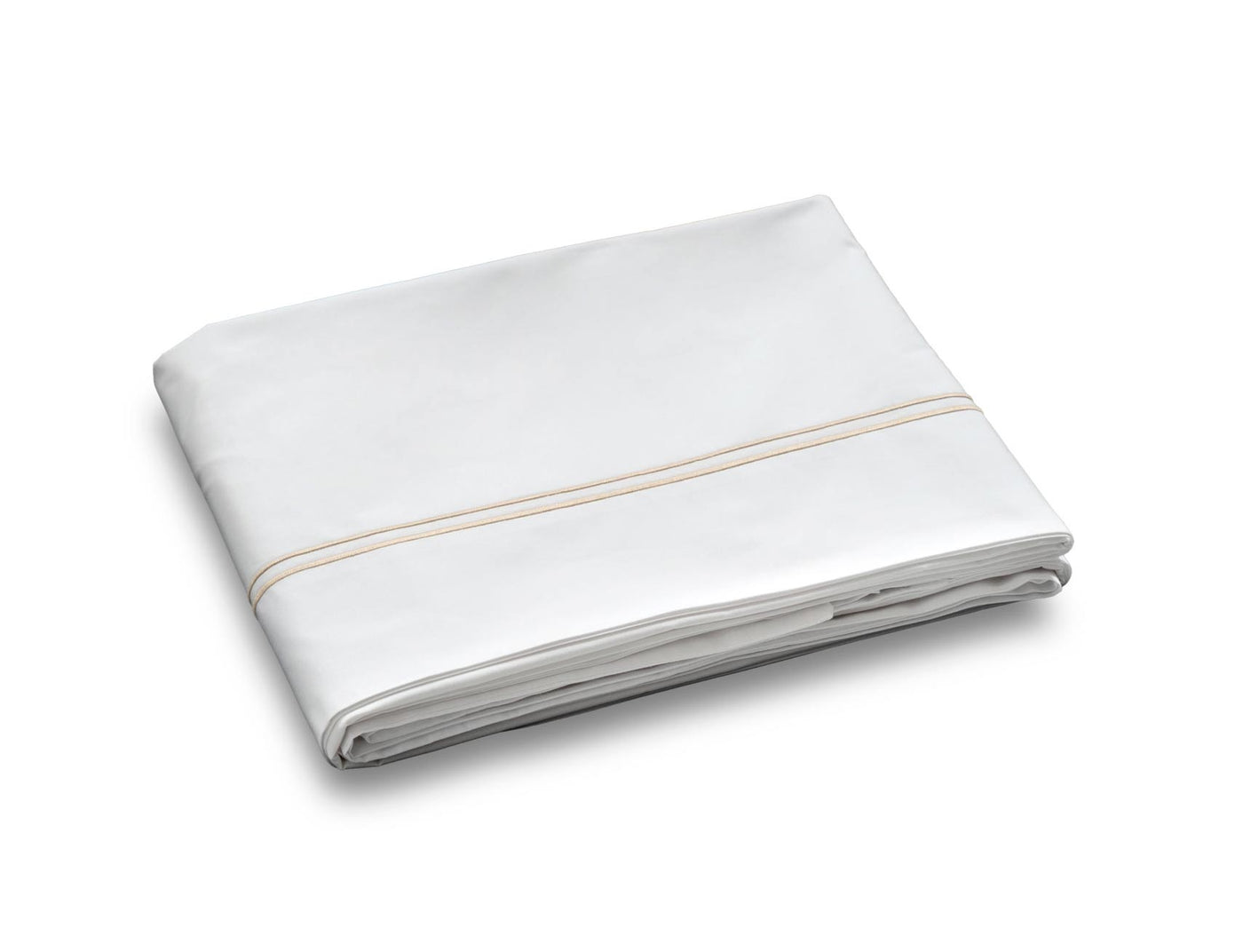 The Mimosa Embroidered Sheet Set by Linen Society Exclusive, crafted from Italian cotton percale, features a neatly folded white sheet with a thin beige stripe, displayed on a white background.
