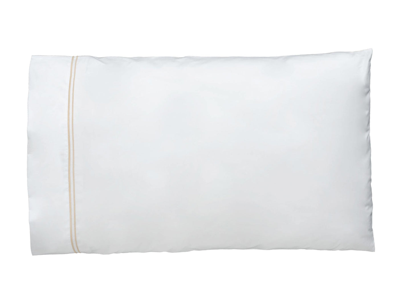 The Mimosa Embroidered Sheet Set by Linen Society Exclusive features plain white sheets with a beige stripe, crafted from Italian cotton in a percale weave, shown against a white background.