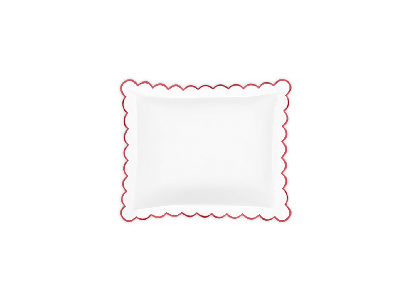 Matouk Dakota white cotton pillow sham with raspberry scalloped border trim.