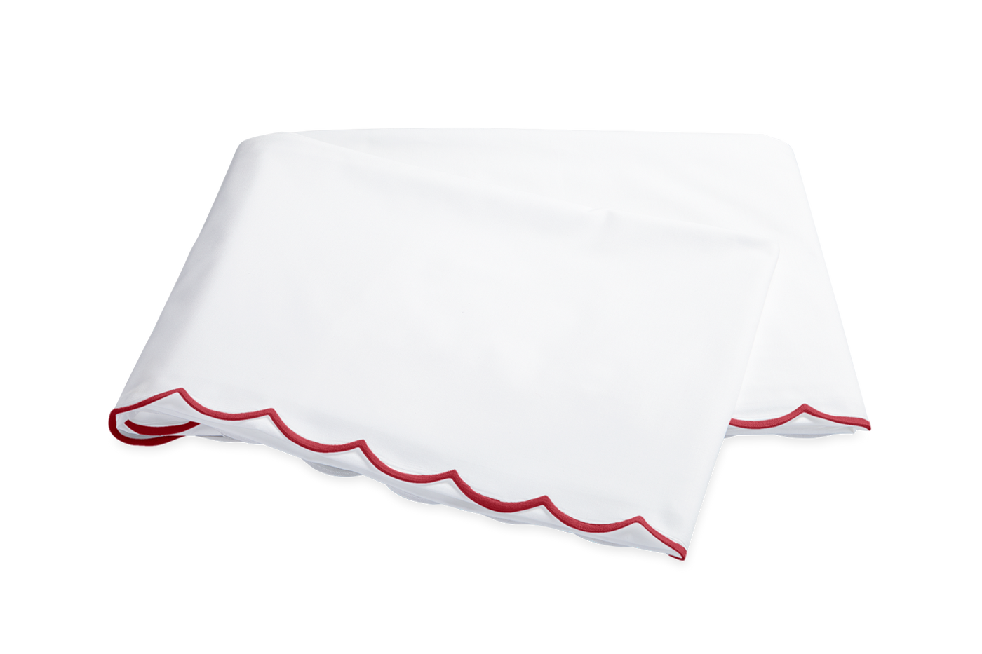 Matouk Dakota flat sheet in white with red scalloped embroidered border trim.