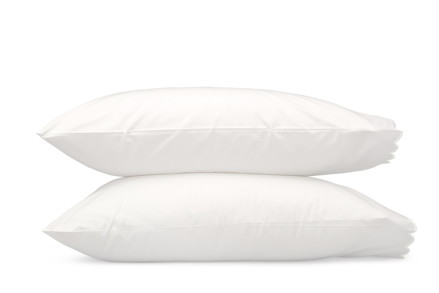 Two white Dakota pillowcases stacked, showing smooth sateen finish and clean hemstitch detail.