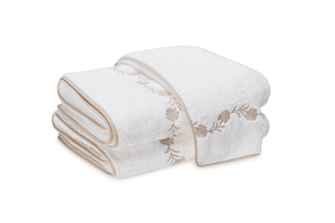 Matouk Daphne white bath towels with champagne floral embroidered border, folded stack.