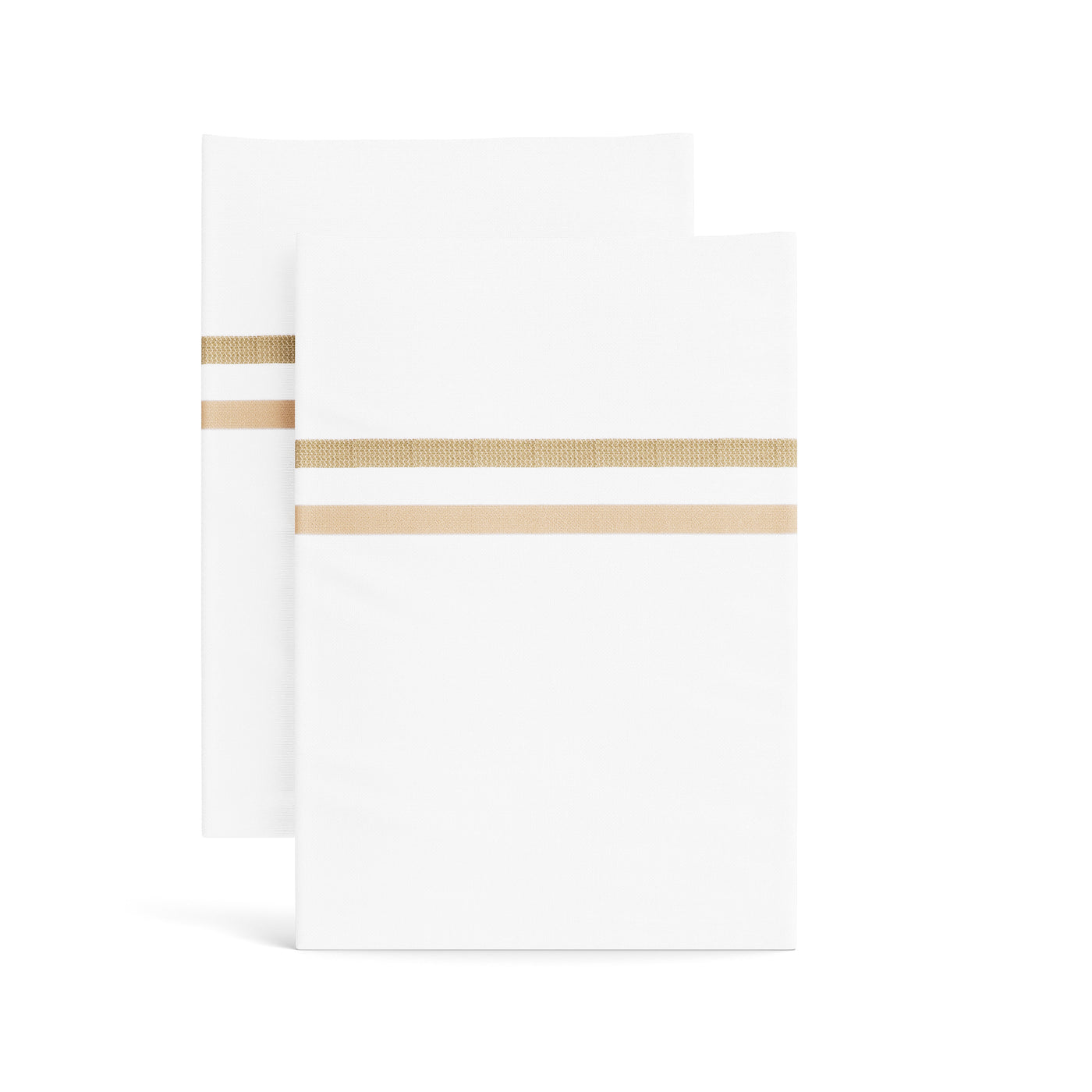 Two white Ann Gish Doppio pillowcases with double champagne satin ribbon trim detail.