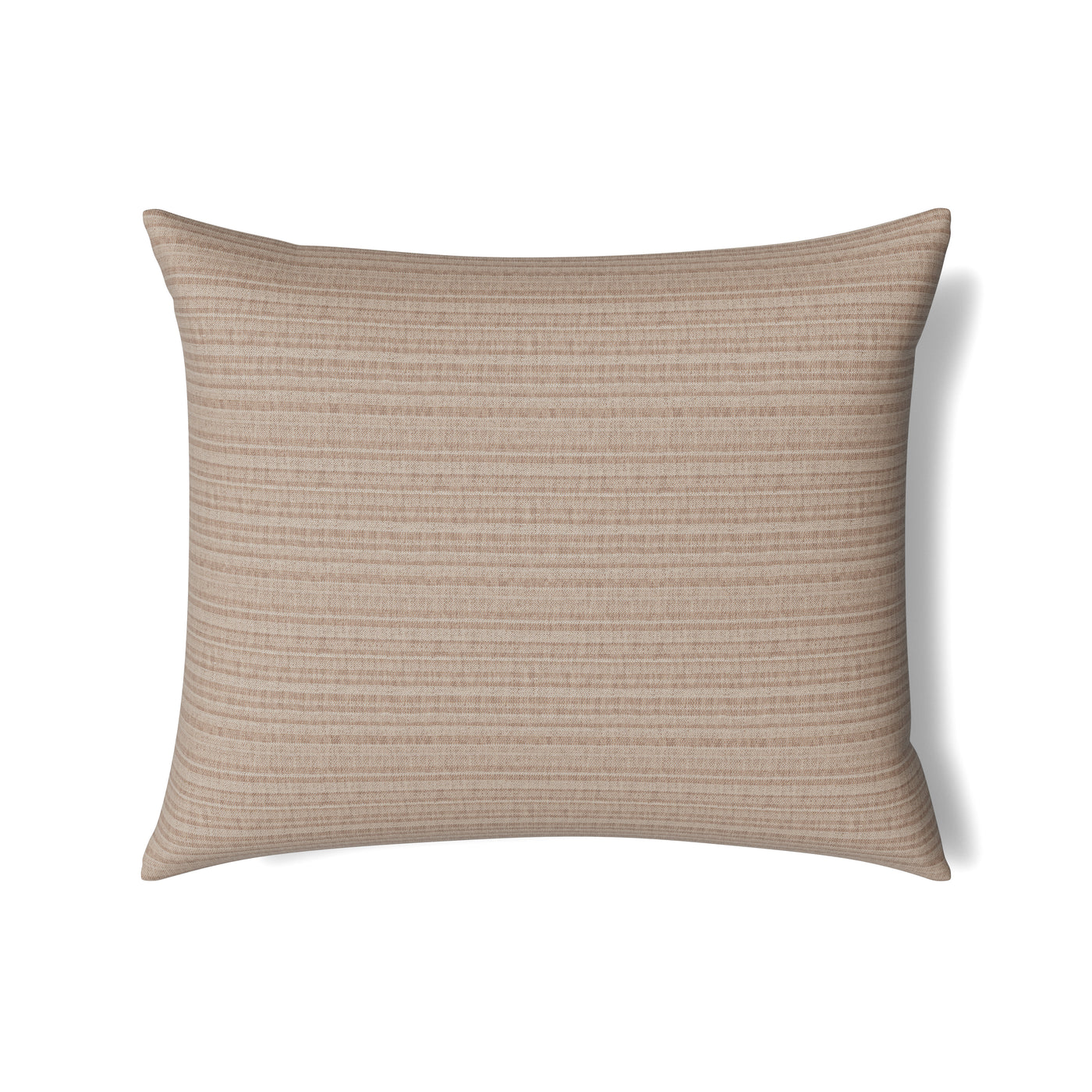 Close-up of Ann Gish Doria pillow in taupe with subtle horizontal woven stripe texture.
