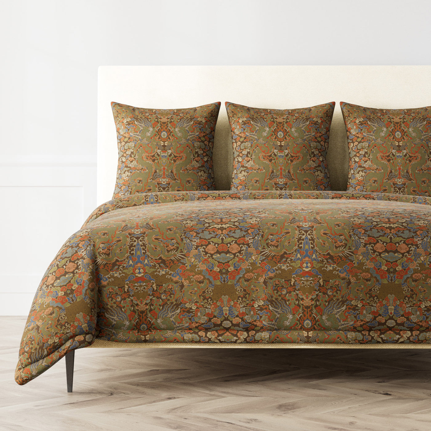 Ann Gish Dragon duvet cover in olive with ornate floral and botanical tapestry pattern.