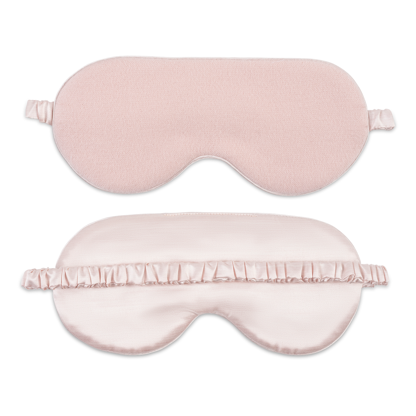 Front and back views of the Matouk Dream Modal sleep mask in blush, showing ruffled elastic band.