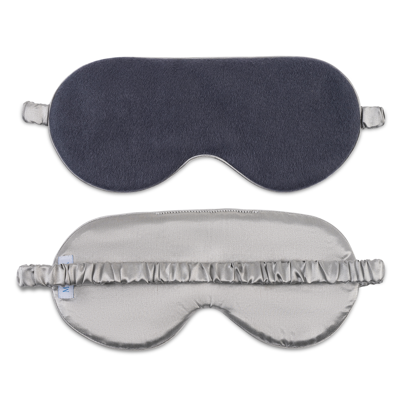 Matouk Dream Modal sleep mask shown front and back, slate and silver-grey.