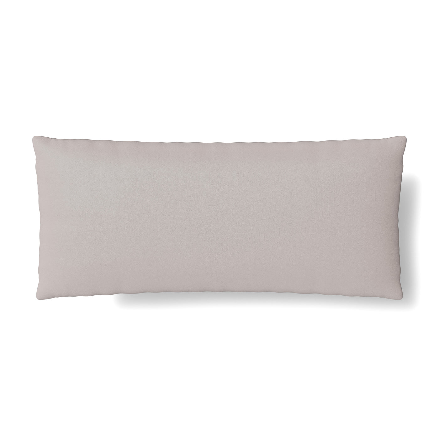 Reverse side of Ann Gish Duchess pillow in pale taupe, lumbar silhouette on white background.