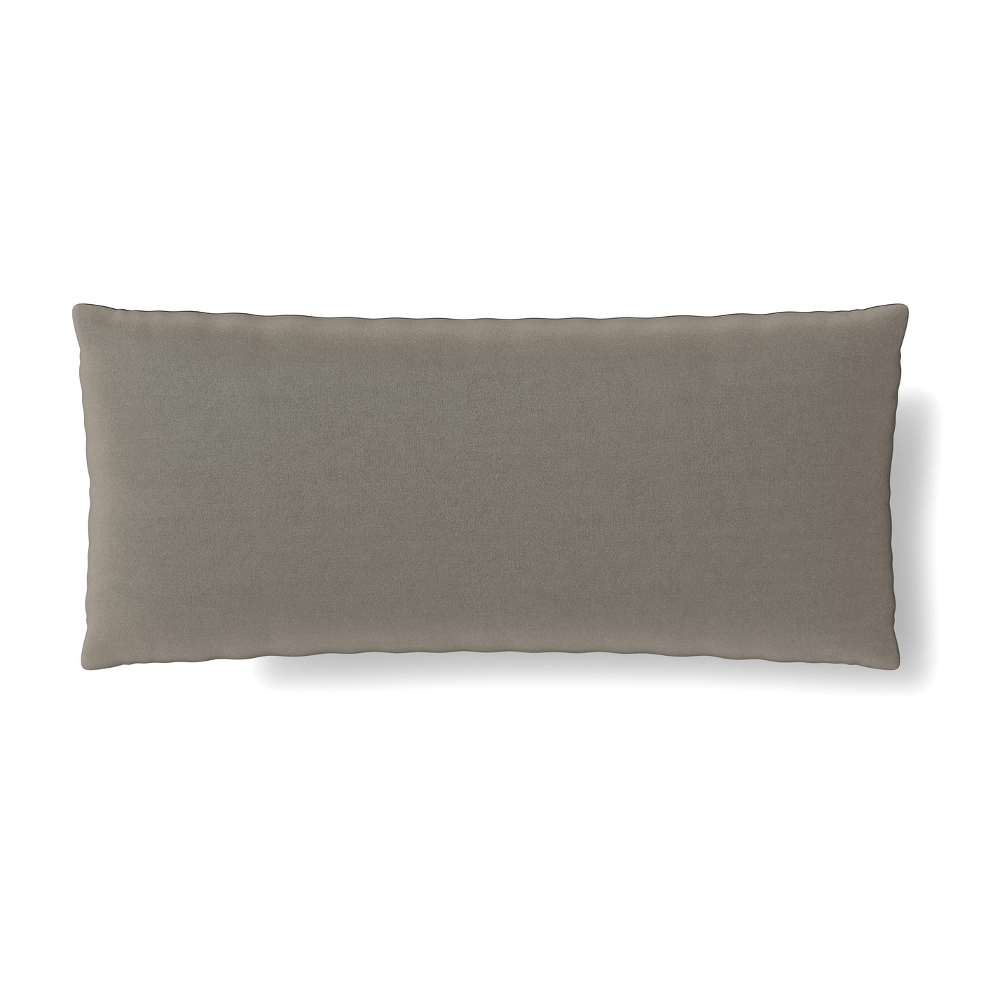 Reverse side of Ann Gish Duchess pillow in taupe velvet, rectangular lumbar shape.