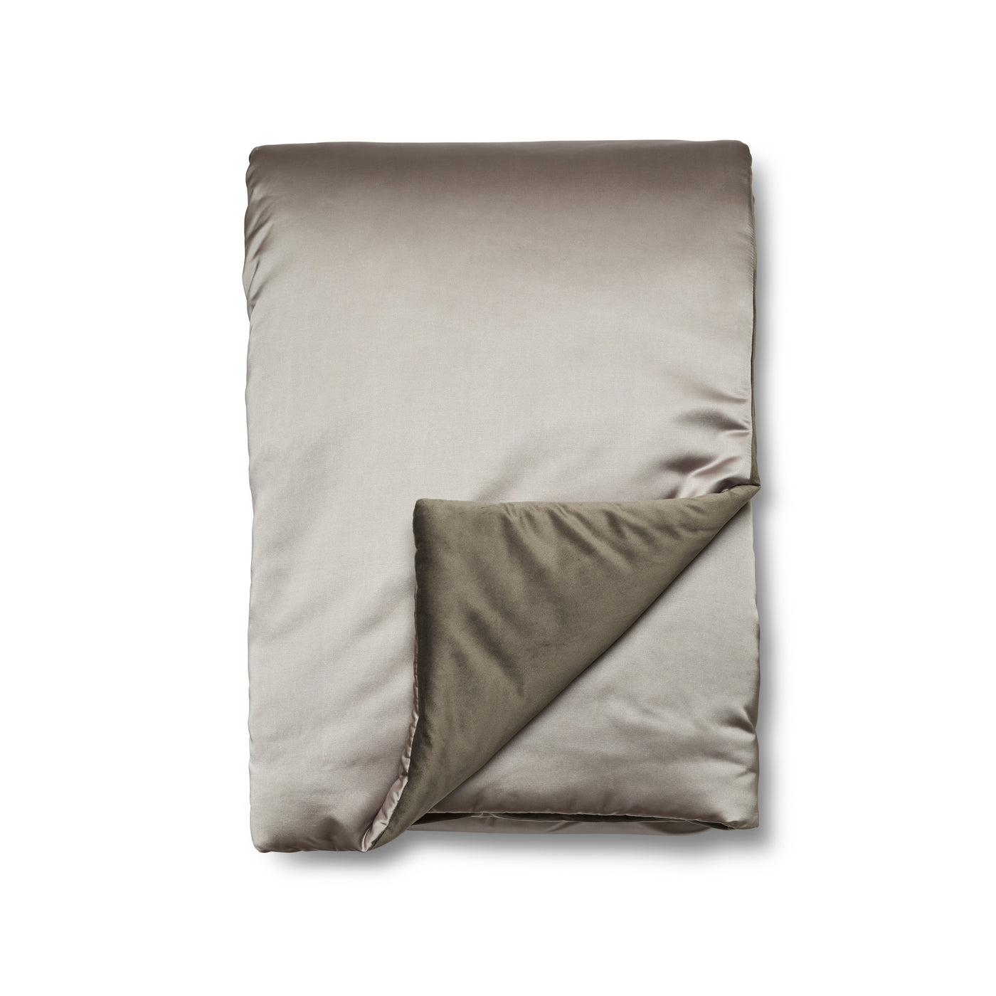 Folded throw showing contrast between taupe satin face and olive velvet reverse.