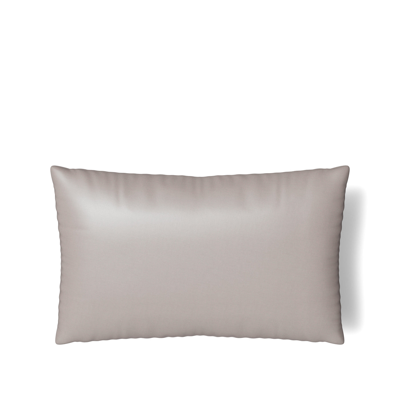 Ann Gish Duchess pillow in taupe silk-like fabric, lumbar shape, plain view.