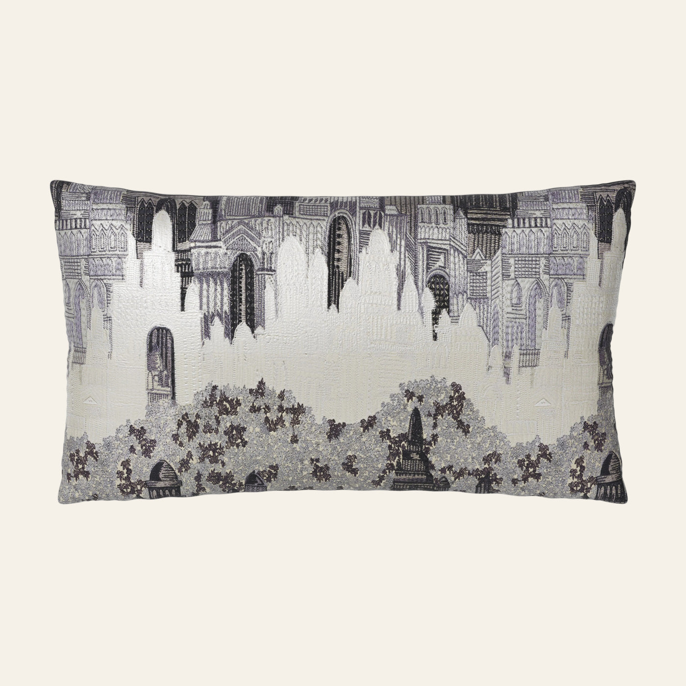 Ann Gish Duomo lumbar pillow in ivory and charcoal with architectural cityscape jacquard.