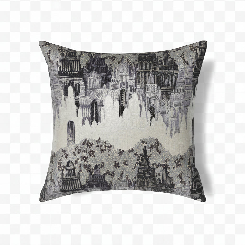 Ann Gish Duomo pillow with architectural cityscape toile print in charcoal and ivory.