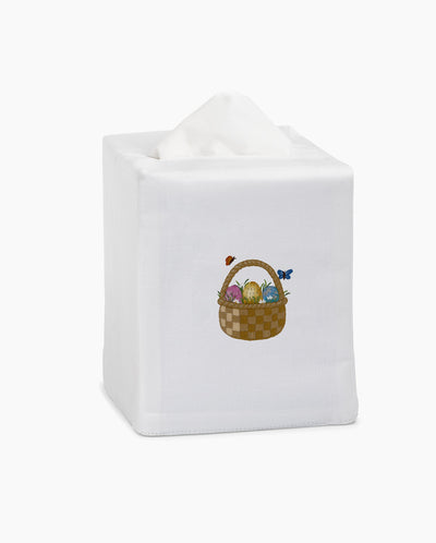 Henry Handwork white linen tissue box cover with embroidered Easter basket motif.