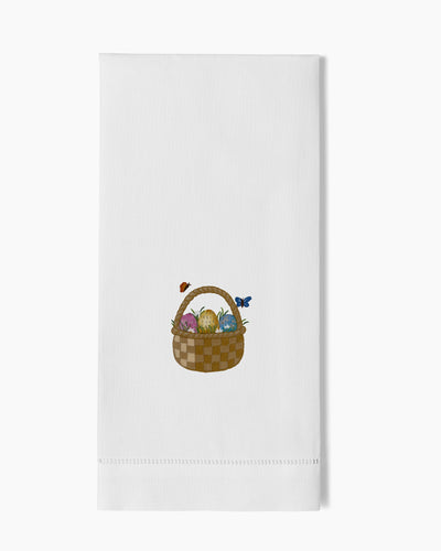 Henry Handwork white linen hand towel with embroidered Easter basket motif.