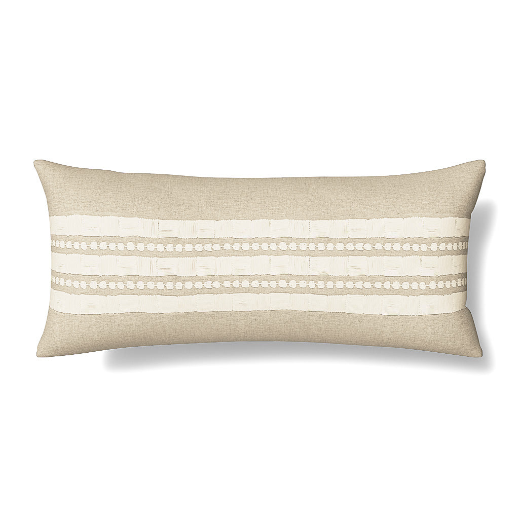 Close-up of Ann Gish Echelon pillow showing ivory embroidered stripe detail on natural linen.