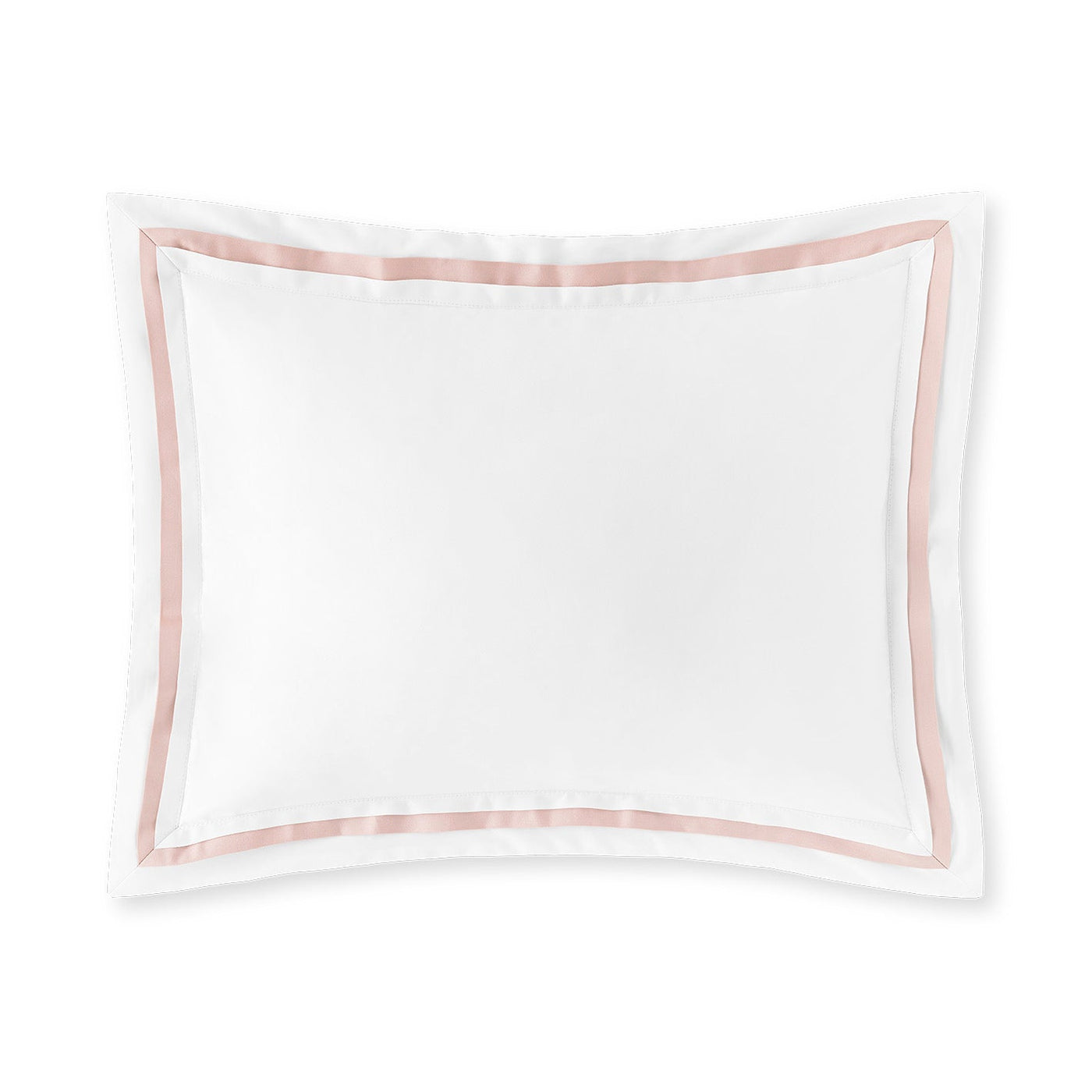 Rose-bordered white boudoir sham with structured flange, flat lay view.