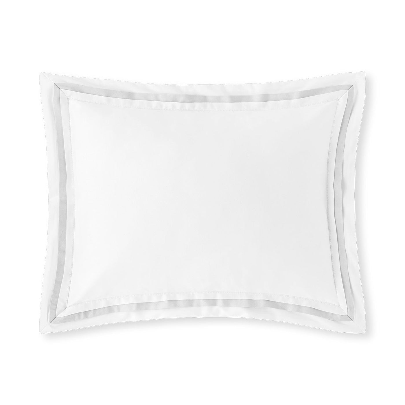 Close-up of Eden boudoir sham flange with layered white satin stripe border detail.