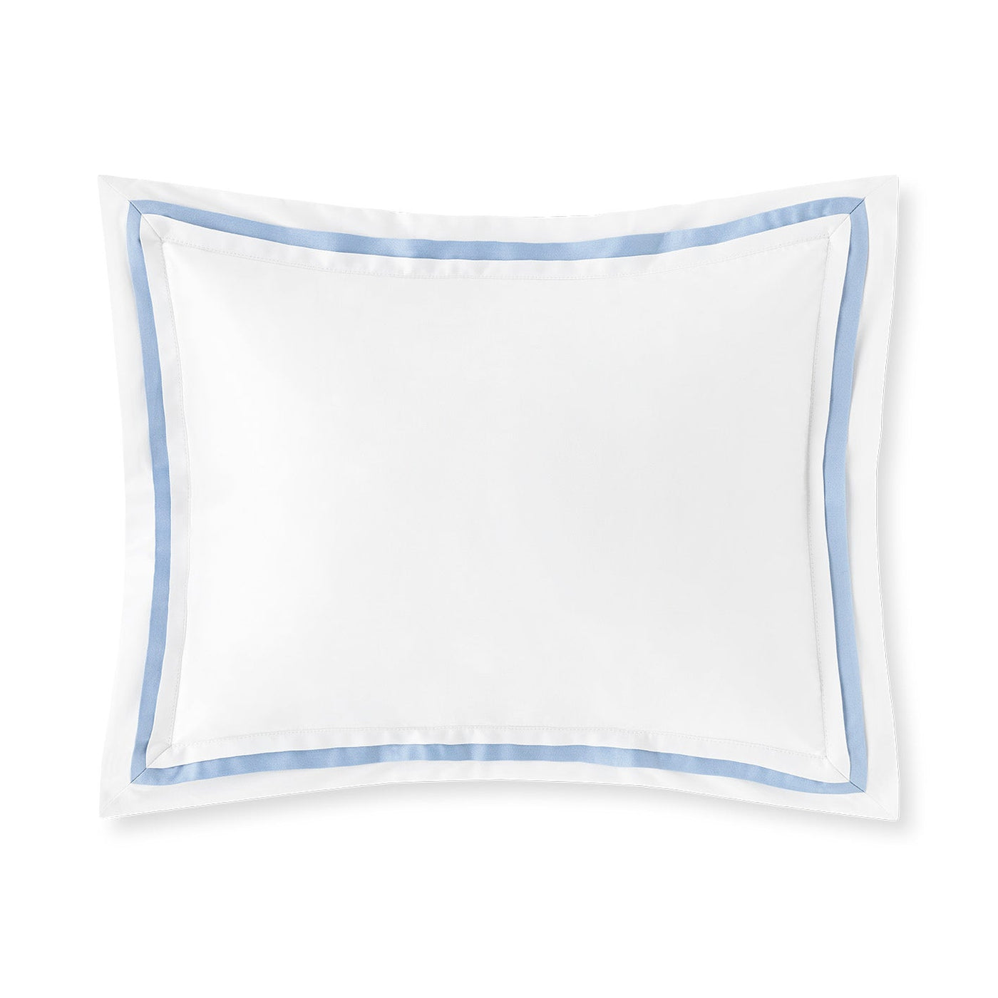 Close-up of Eden boudoir sham in white with a cornflower blue border trim.