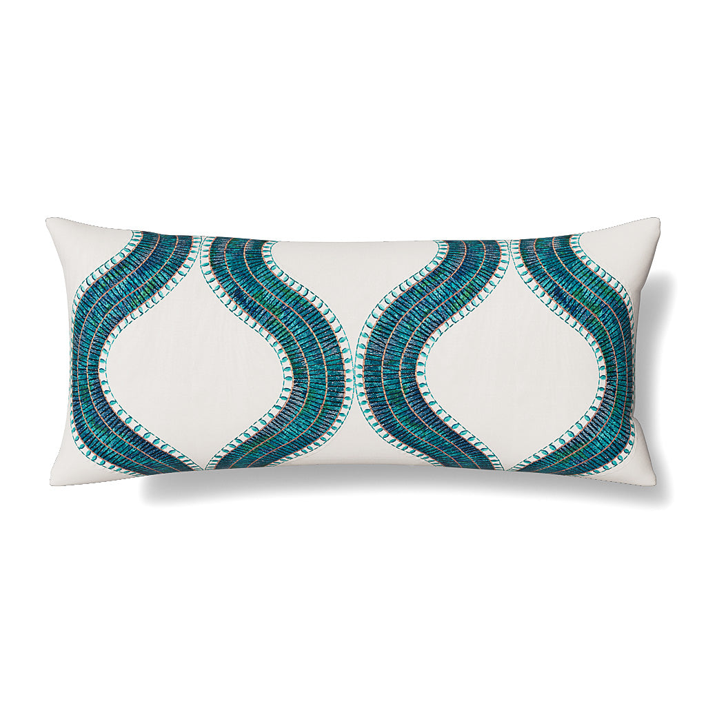 Ann Gish Egyptian Collar lumbar pillow, ivory with teal wave embroidery detail.