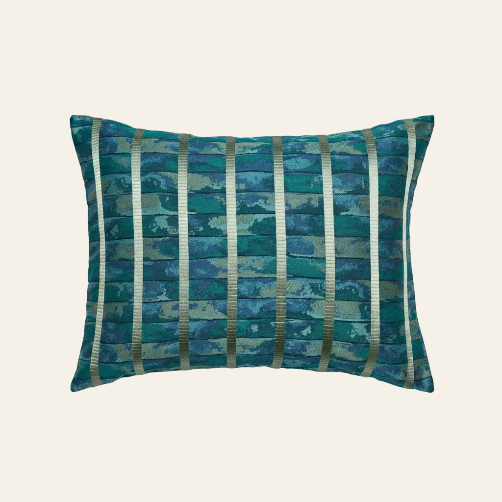 Ann Gish Egyptian Faience sham in teal and gold stripe abstract pattern.