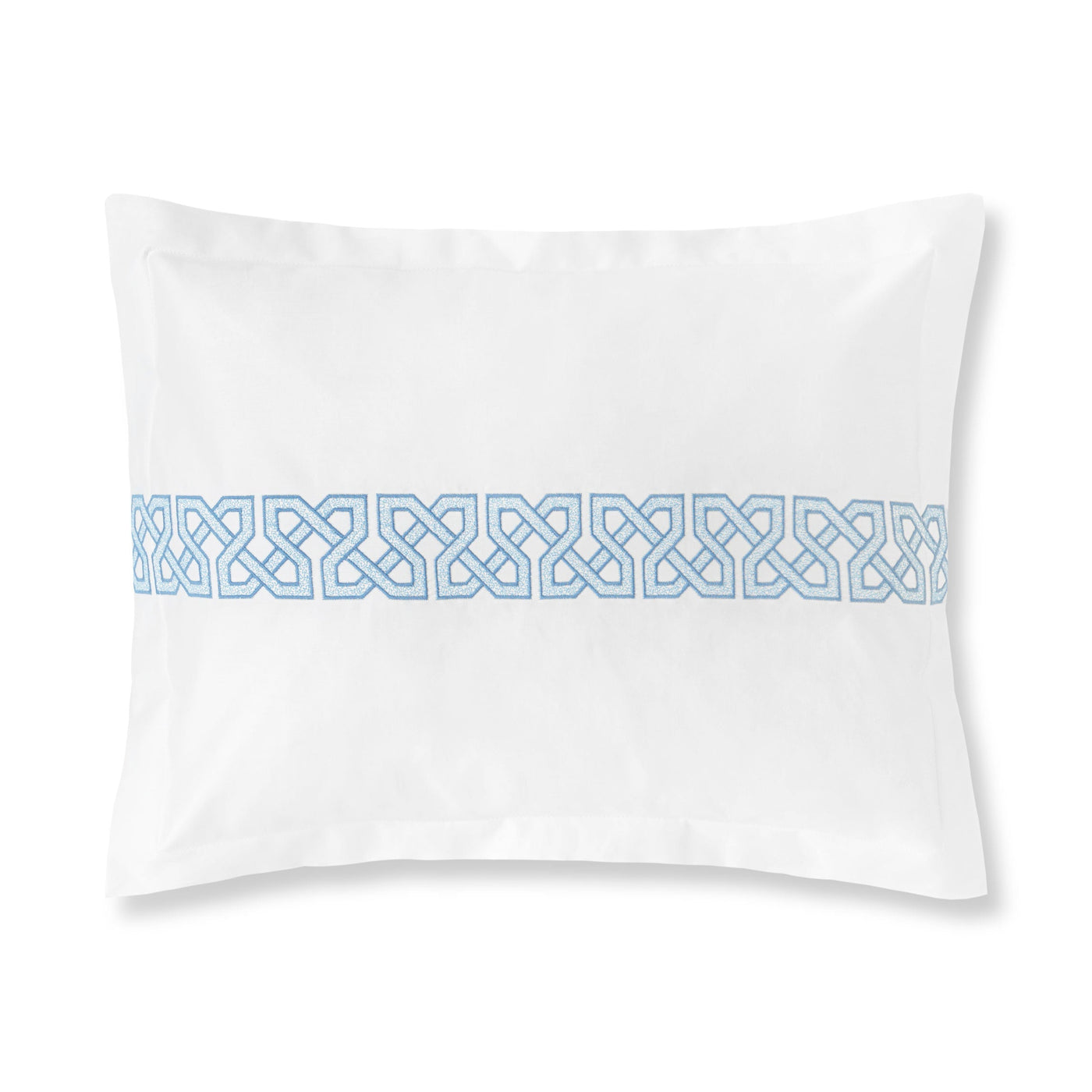 The Elo Boudoir pillowcase by Amalia Home Collection features a horizontal band of light blue geometric embroidery—an elegant accent for your bed or bedroom.