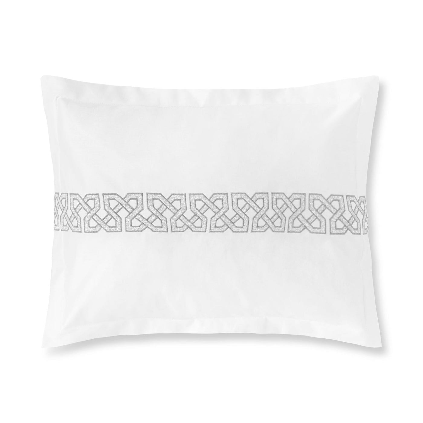 The Elo Boudoir pillowcase from Amalia Home Collection features a central gray geometric knot pattern band—an elegant accent for your bed or bedroom.