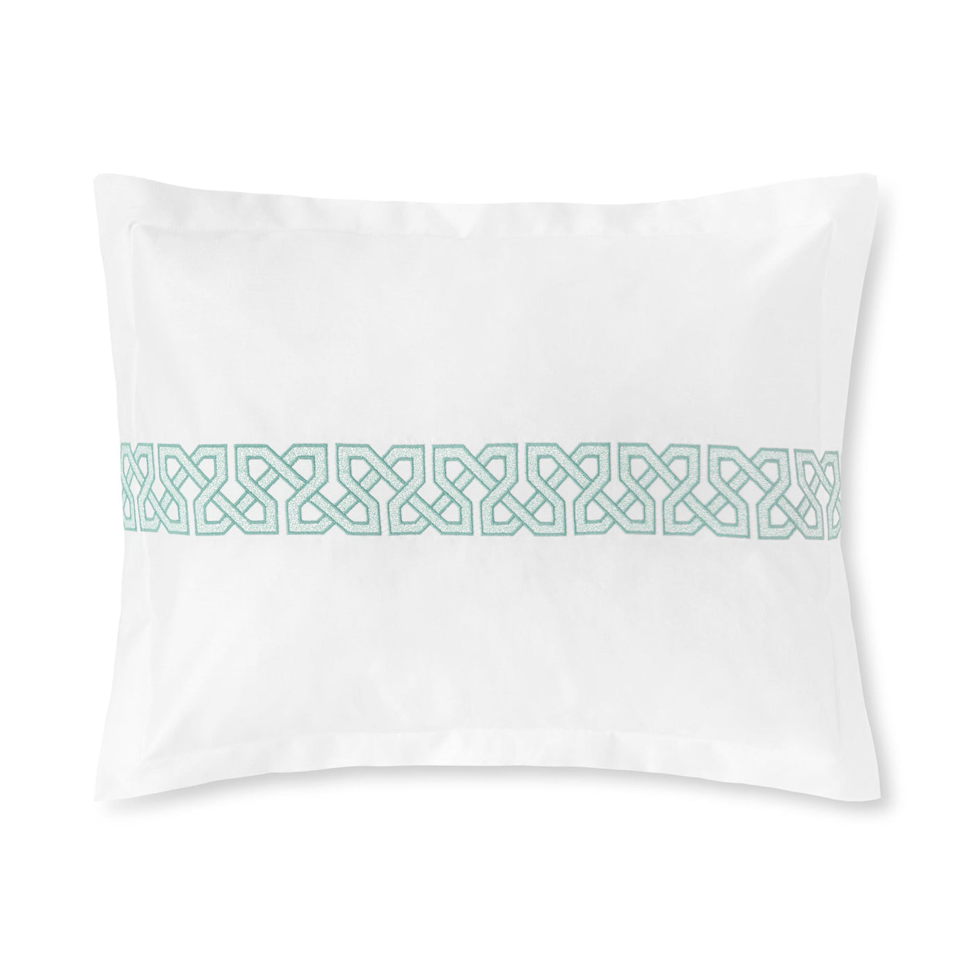 The Elo Boudoir pillowcase by Amalia Home Collection features a light blue geometric band across the center, adding a refined touch to your bed or bedroom décor.