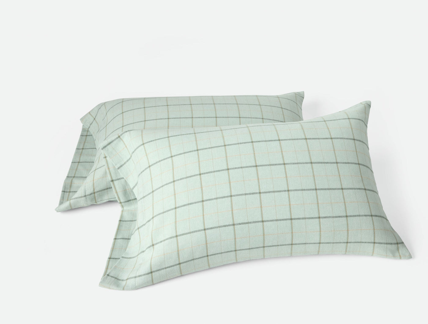 Two sage green flannel pillowcases with fine grid check pattern, shown as a stacked pair.