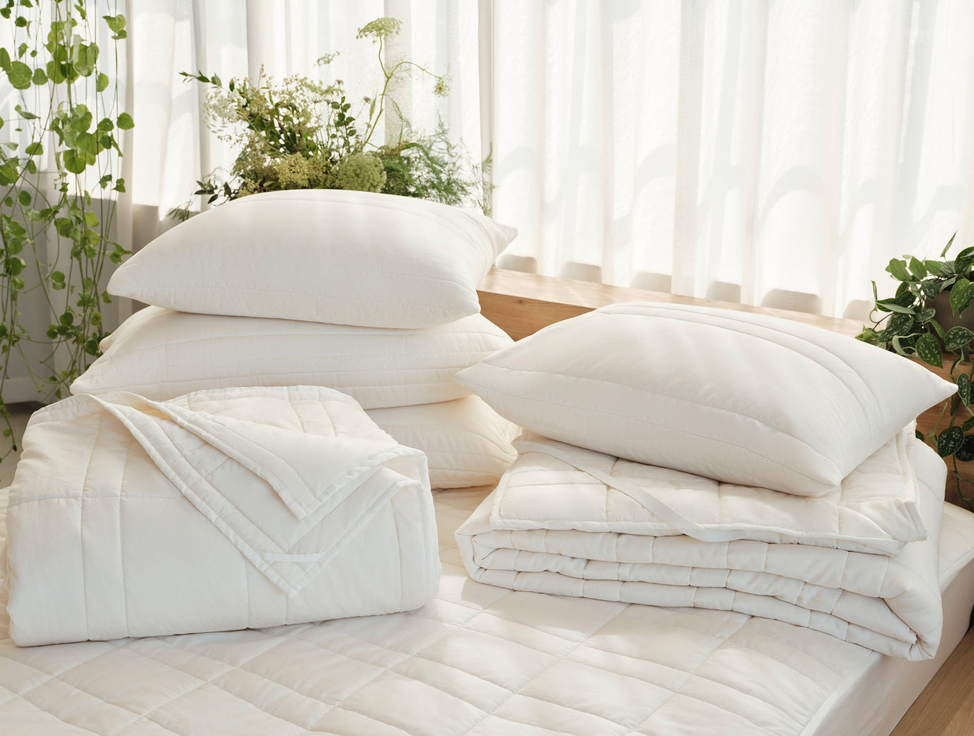 Stacked white pillows and folded quilted bedding on a mattress pad, bright natural setting.