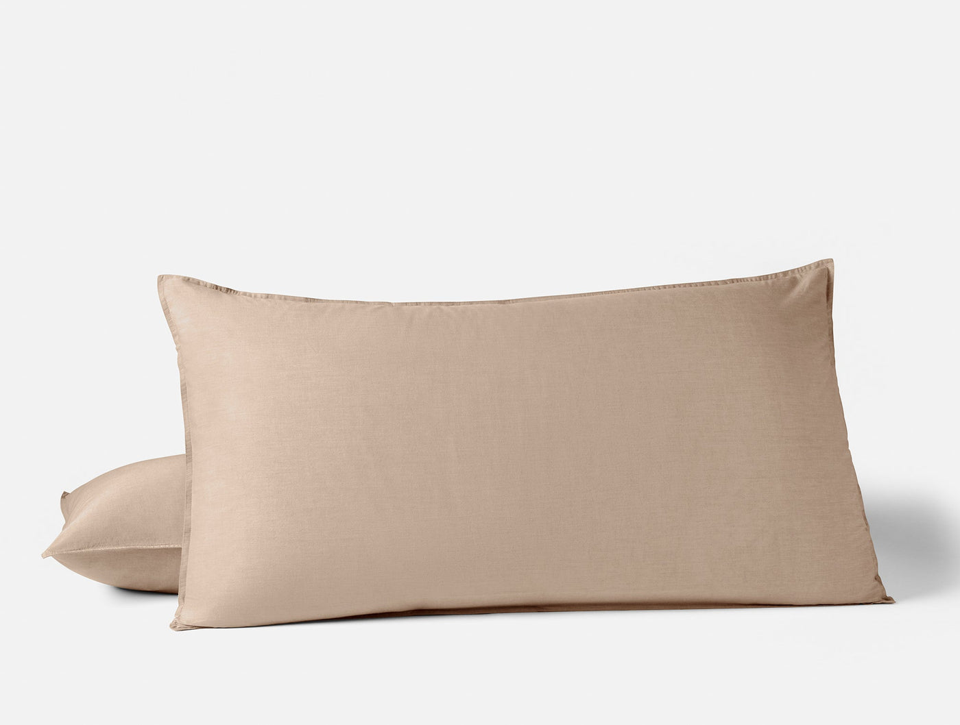 Two Coyuchi Crinkled Percale shams in dune, stacked against a white background.
