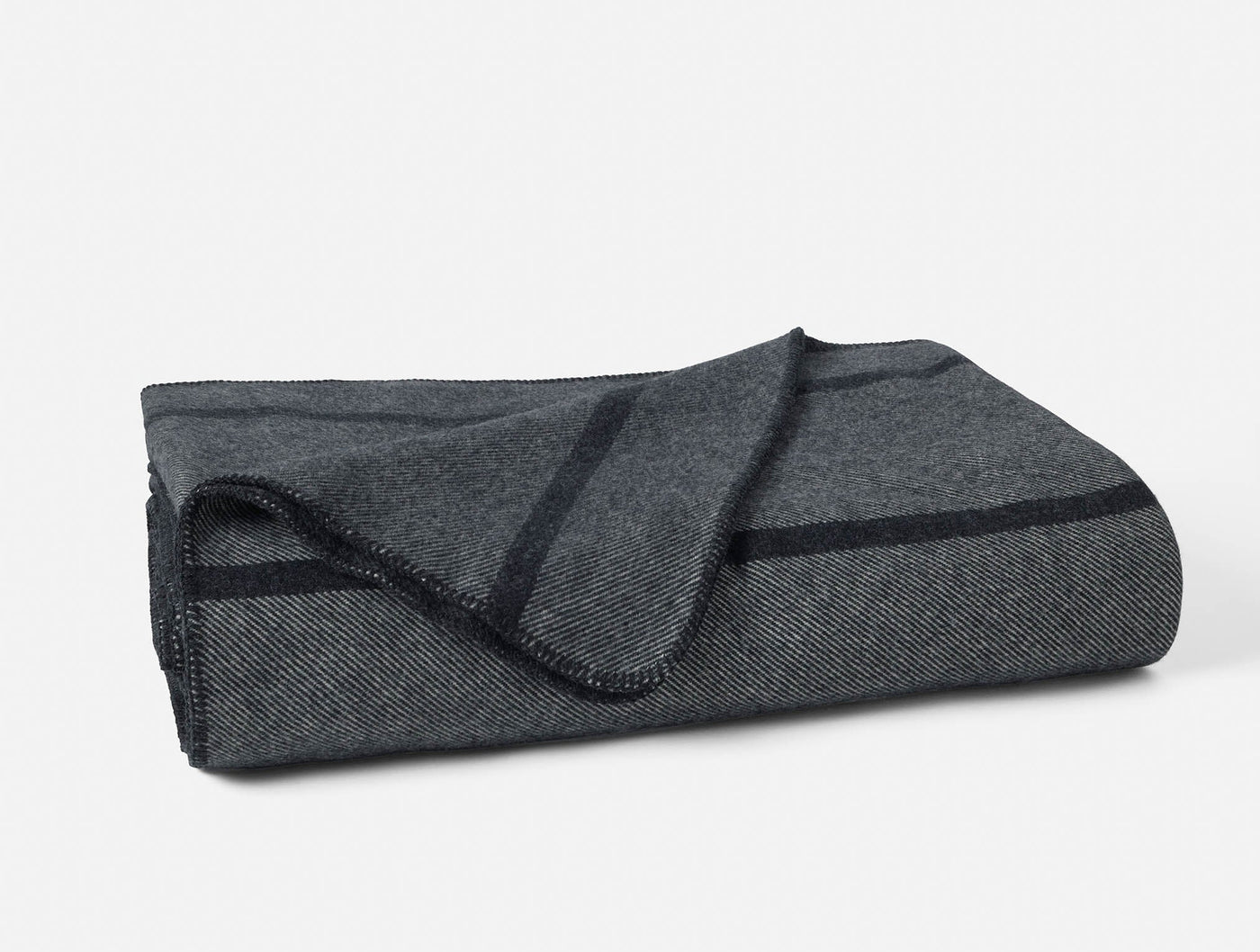 Close-up of folded charcoal herringbone wool blanket with black stripe border detail.