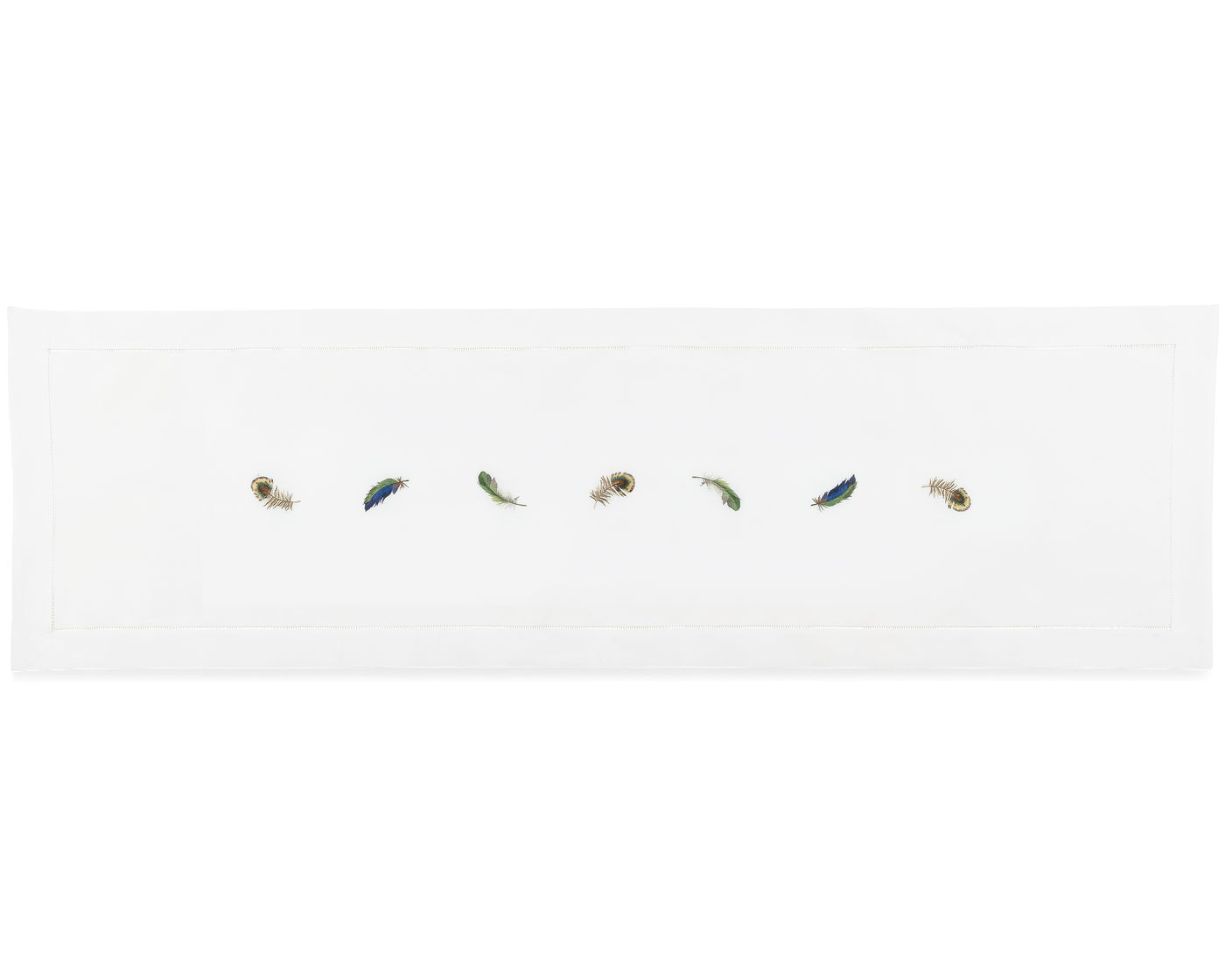 Henry Handwork Feathers table runner in white linen with embroidered feather motifs.