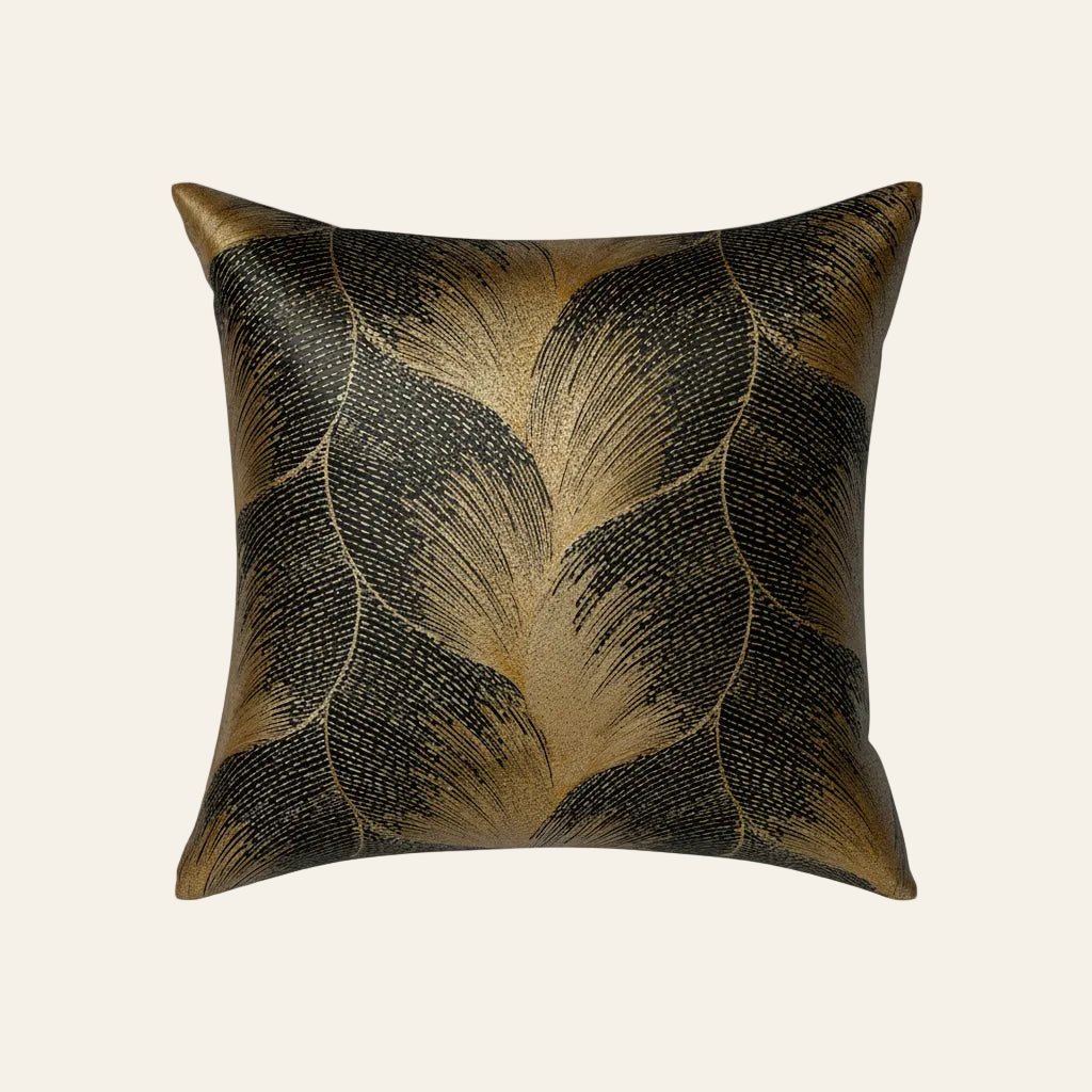 Ann Gish Fan pillow in black and gold jacquard with oversized fan leaf pattern.
