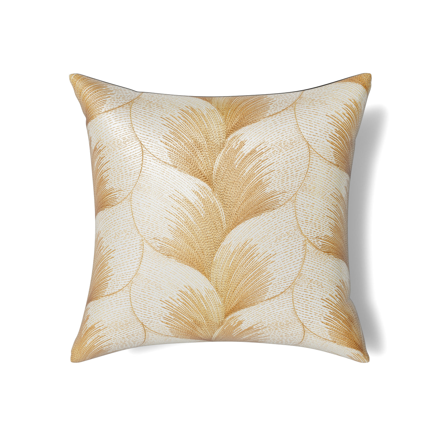 Gold and ivory woven fan pattern close-up on Ann Gish square pillow.