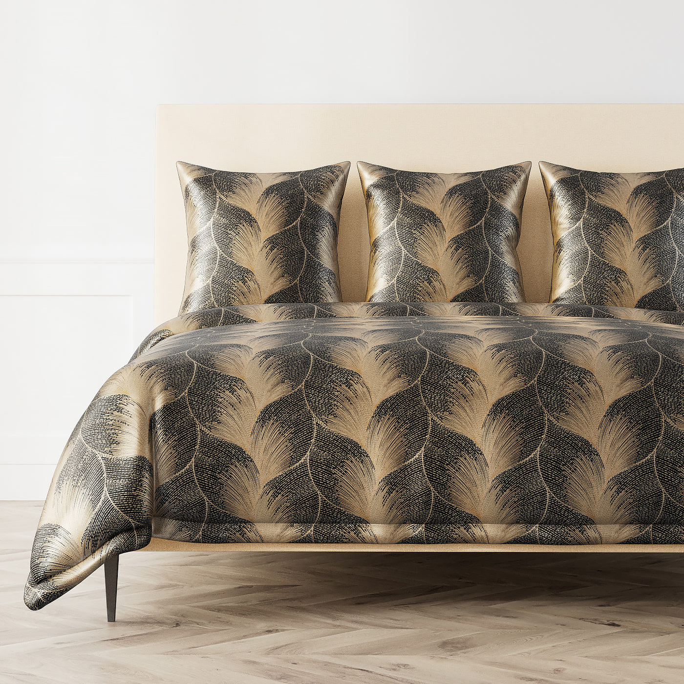 Ann Gish Fan duvet cover in champagne and charcoal feather fan jacquard on styled bed.