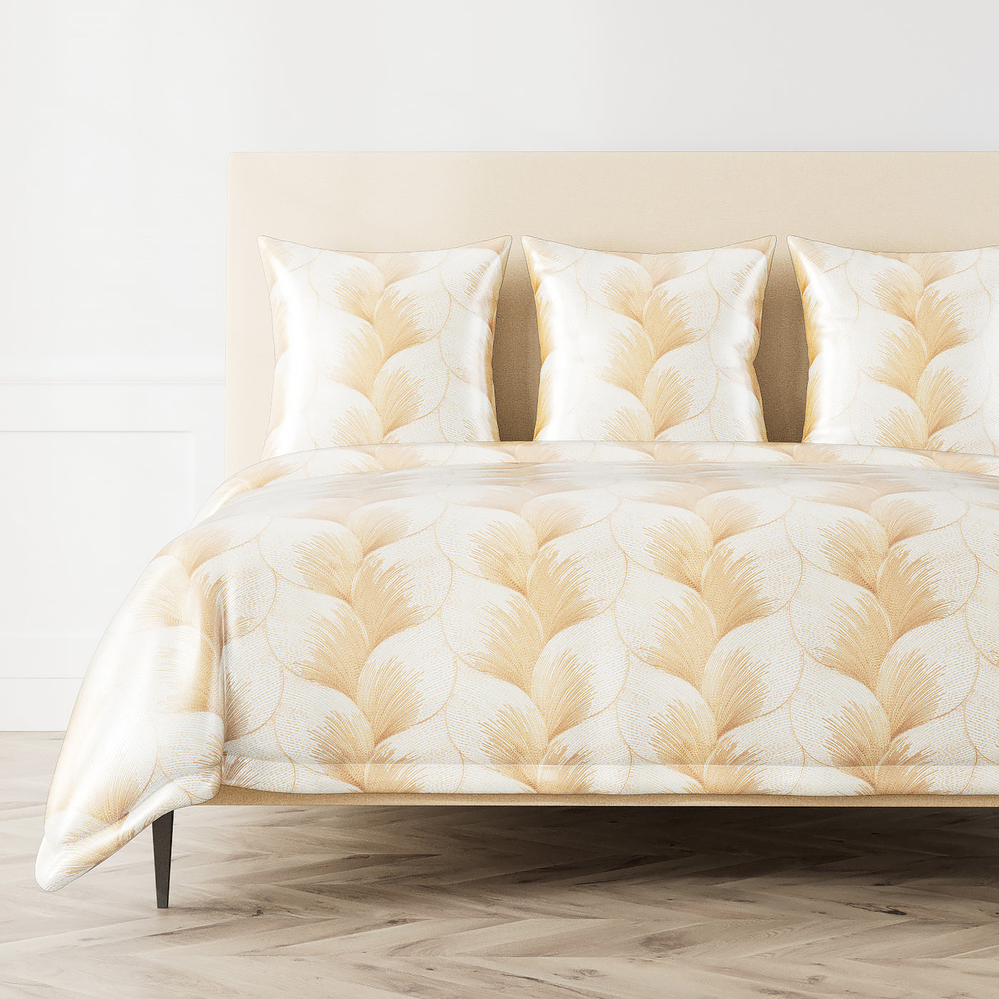 Ann Gish Fan duvet cover in champagne, styled on bed with matching shams.