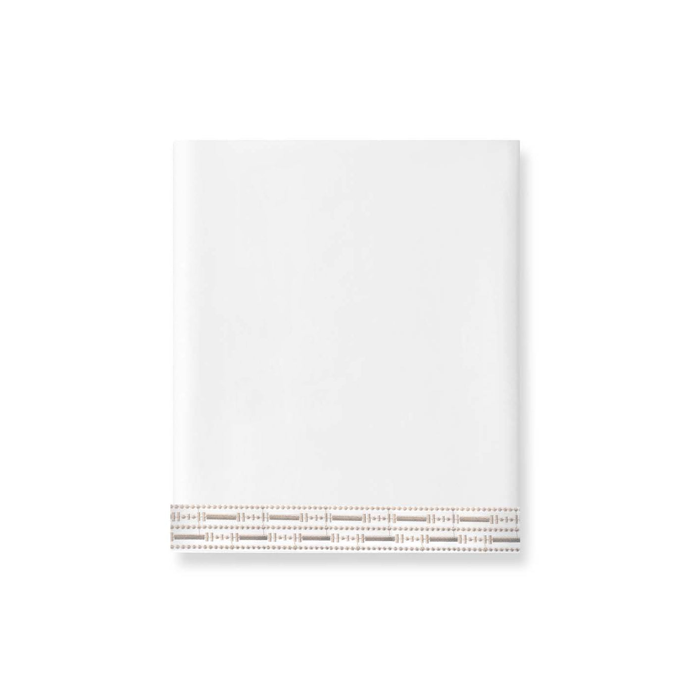 The Memoria Flat Sheet, made in Portugal, features a simple geometric border in light gray and tan along one edge, reminiscent of embroidery, and is displayed against a plain white background.