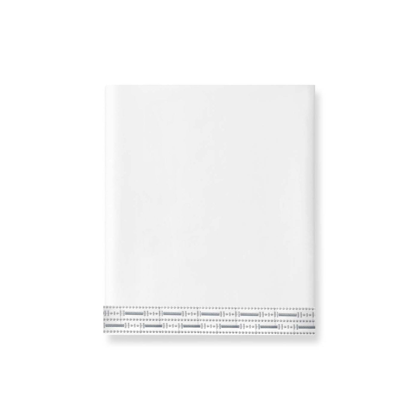 A white cloth napkin, folded into a square with a decorative gray stitched border inspired by the Memoria Flat Sheet, is shown against a plain white background.