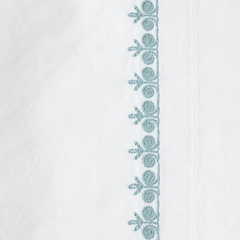 Close-up of seafoam floral embroidered border on white organic cotton sheeting.