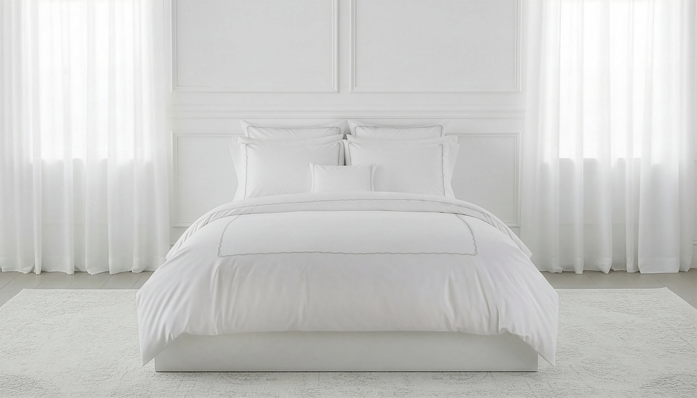 White linen duvet with delicate embroidered border styled on an upholstered bed.