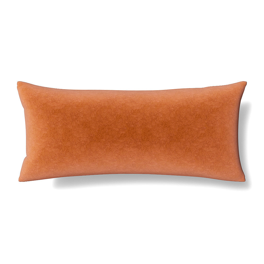 Ann Gish Fresco Velvet lumbar pillow in terracotta, plush velvet texture against white background.