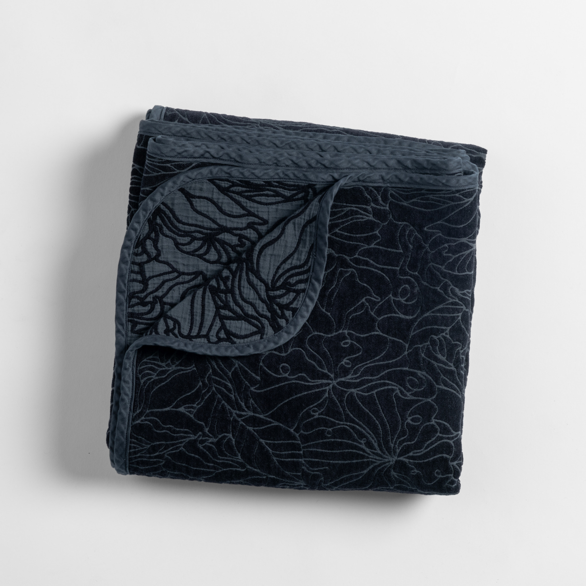 Bella Notte Georgia blanket in Slate, folded to show floral embroidery detail on velvet.