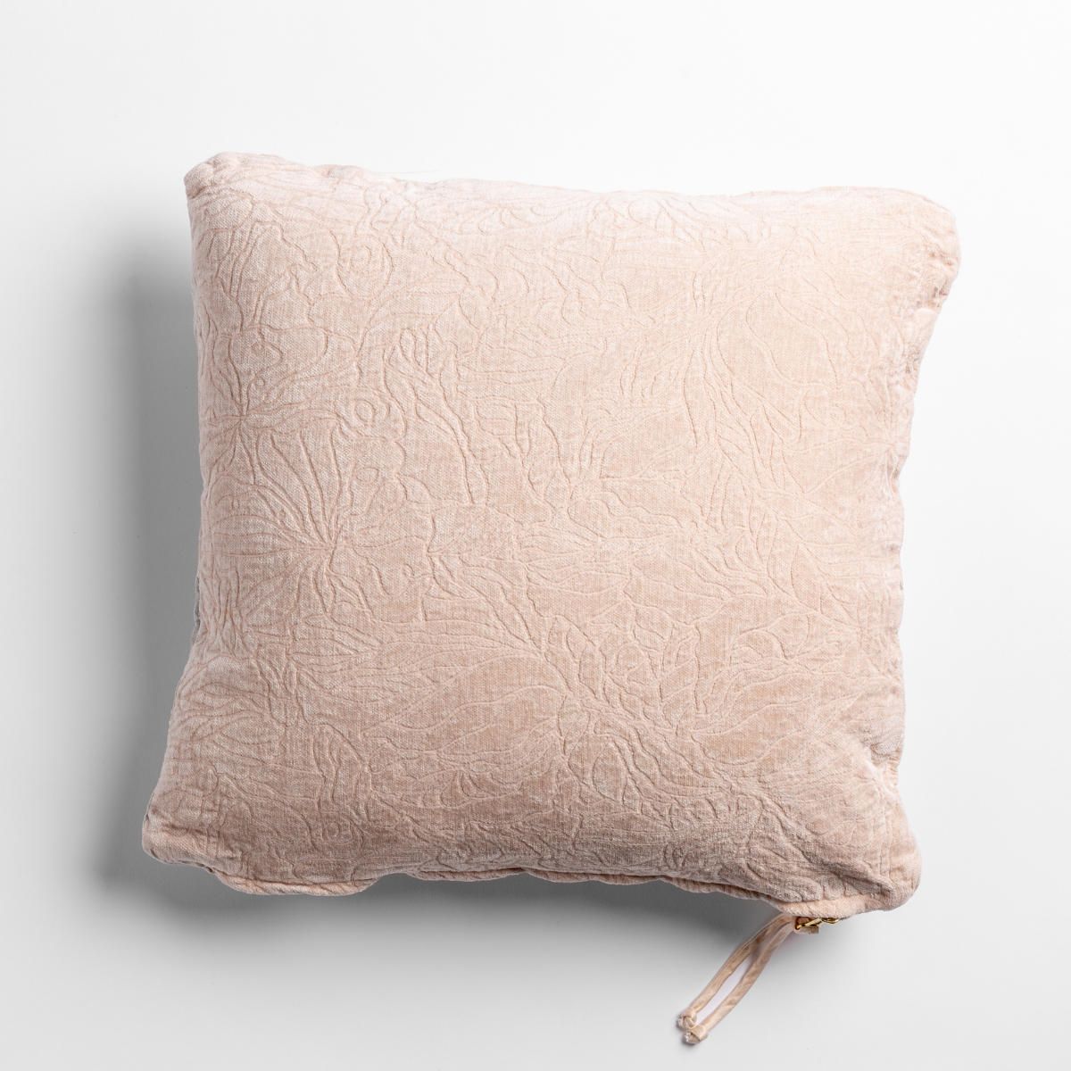 Pearl colorway Georgia throw pillow, crinkled linen texture with scalloped edges and zipper detail.