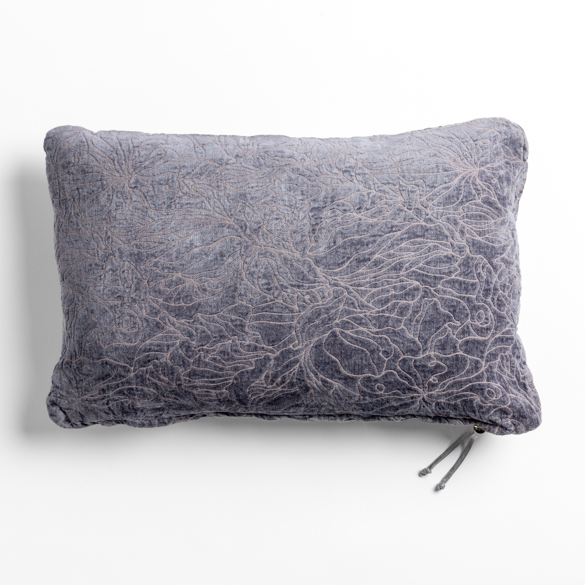 Bella Notte Georgia throw pillow in French Lavender with floral embroidery and tassel zipper detail.