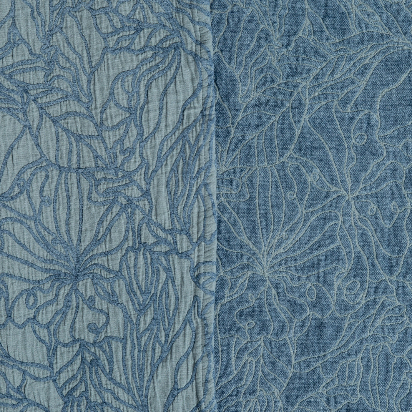 Close-up of Bella Notte Georgia blanket in Tahoe Blue, showing floral quilted texture with two-tone contrast.