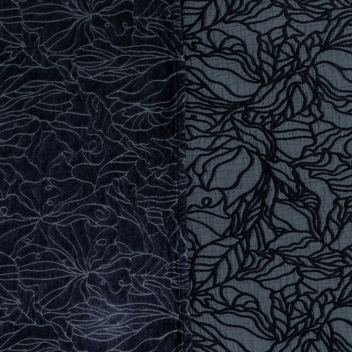 Close-up of Slate Georgia blanket showing contrast between two floral embroidered fabric sides.